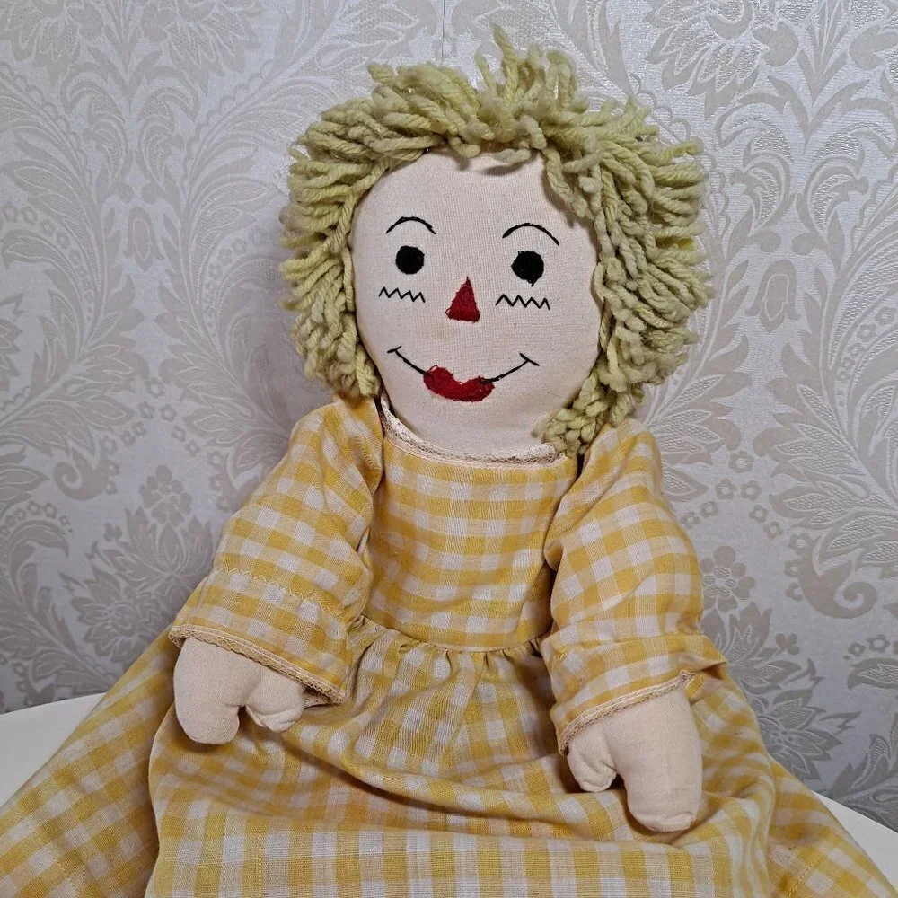 Vintage Blonde Raggedy Ann Doll Yellow Dress All Fabric Doll